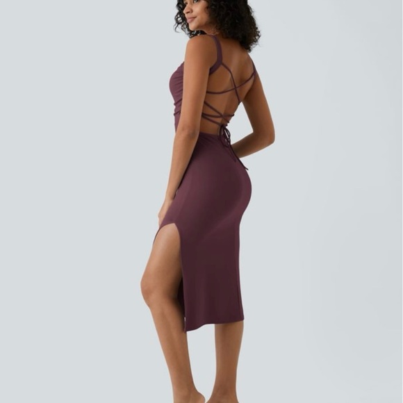 Halara Ruched Backless Crisscross Lace Up Split Bodycon Midi Casual Dress - Picture 2 of 7